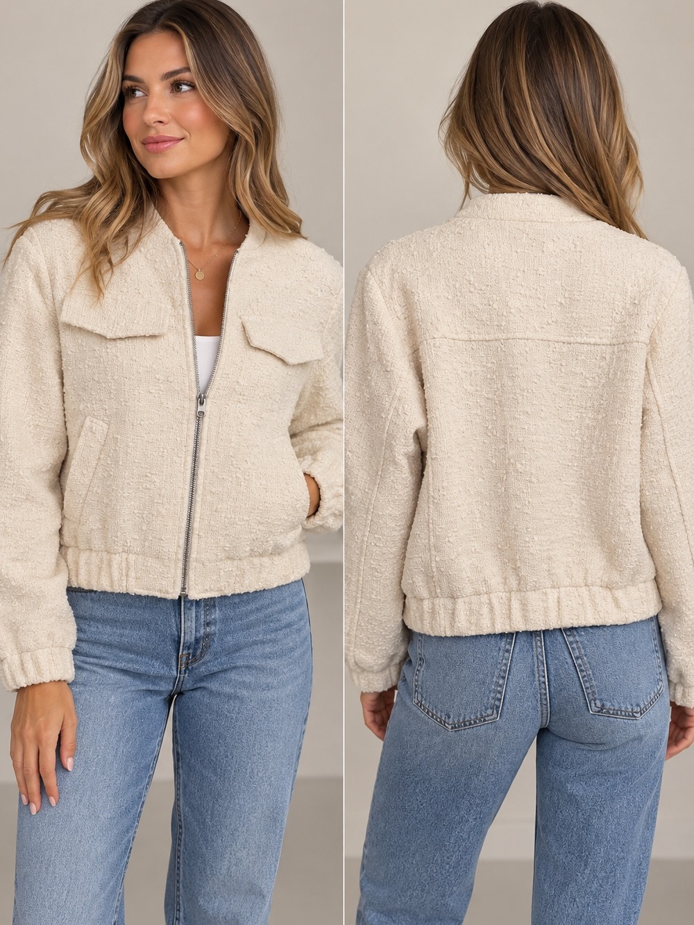Caslon Cream Plush Zip-Front Jacket - Women's boucle Bomber